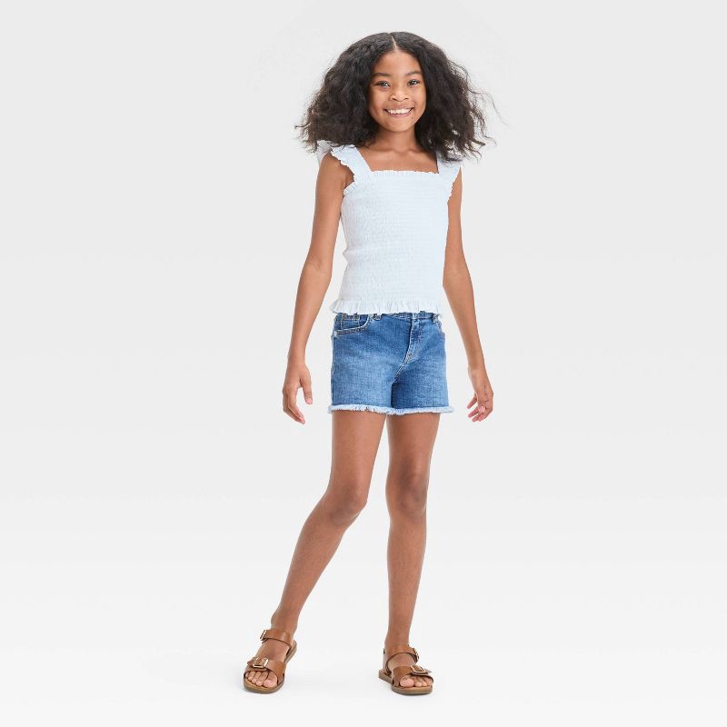 slide 3 of 3, Girls' Cutoff Mid-Rise Jean Shorts - Cat & Jack™ Medium Wash XS: Adjustable Waistband, Stretch Denim, 2.5" Inseam, 1 ct