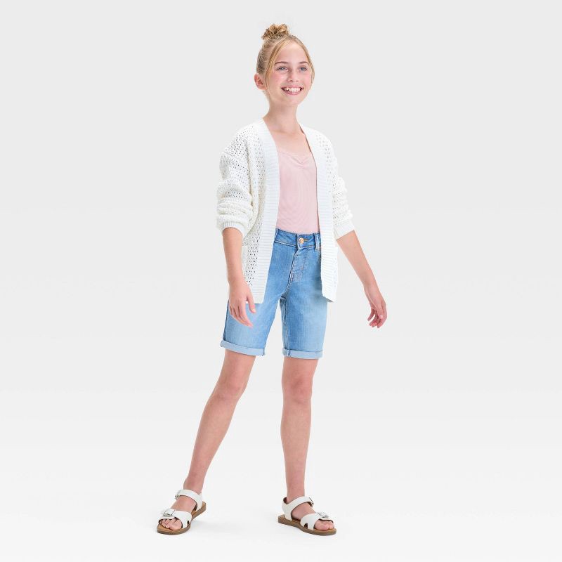 slide 3 of 3, Girls' Mid-Rise Bermuda Jean Shorts - Cat & Jack™ Medium Wash S: Adjustable Waistband, Stretch Denim, 1 ct