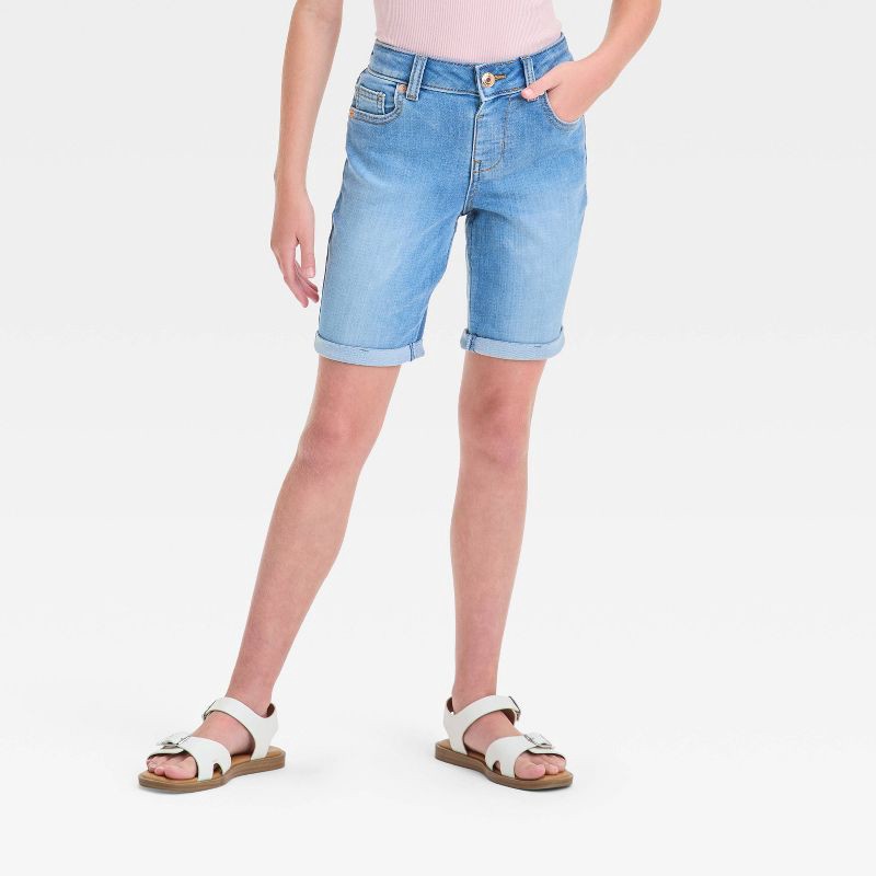 slide 1 of 3, Girls' Mid-Rise Bermuda Jean Shorts - Cat & Jack™ Medium Wash S: Adjustable Waistband, Stretch Denim, 1 ct