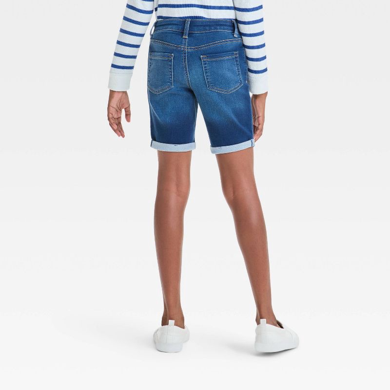 slide 2 of 3, Girls' Mid-Rise Bermuda Jean Shorts - Cat & Jack™ Dark Wash M: Cotton Blend, Adjustable Waistband, Rolled Hem, 7" Inseam, 1 ct