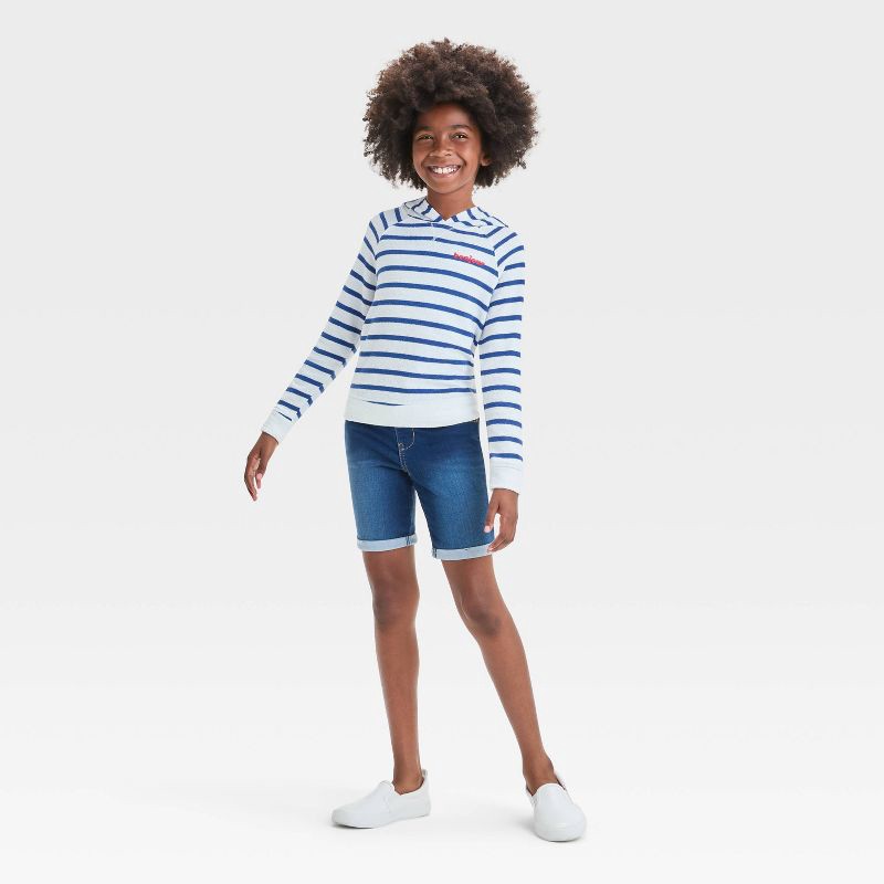slide 3 of 3, Girls' Mid-Rise Bermuda Jean Shorts - Cat & Jack™ Dark Wash M: Cotton Blend, Adjustable Waistband, Rolled Hem, 7" Inseam, 1 ct