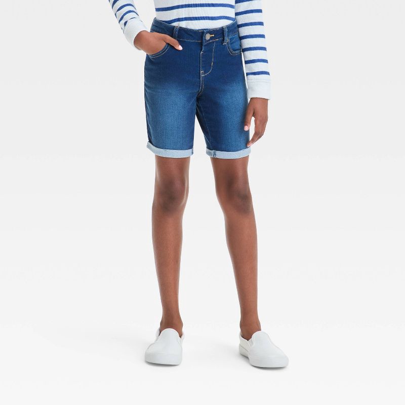 slide 1 of 3, Girls' Mid-Rise Bermuda Jean Shorts - Cat & Jack™ Dark Wash M: Cotton Blend, Adjustable Waistband, Rolled Hem, 7" Inseam, 1 ct