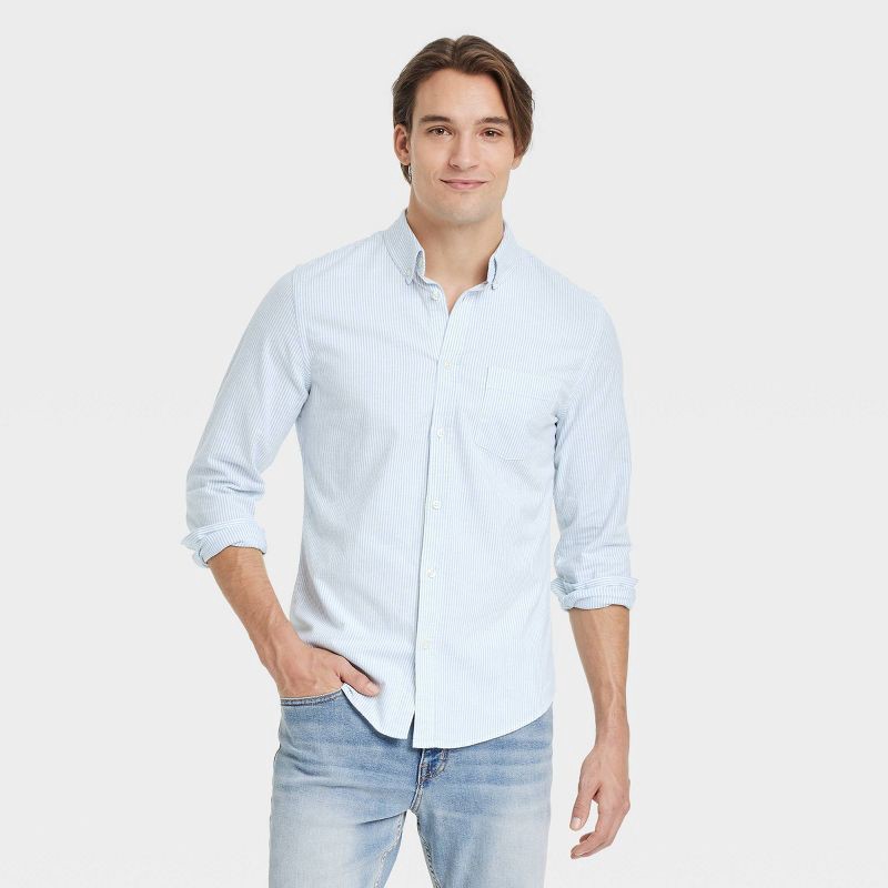 slide 1 of 3, Men's Oxford Striped Long Sleeve Button-Down Shirt -Goodfellow & Co™ Blue S: Front Pocket, 1 ct