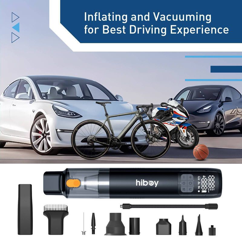 slide 8 of 8, Hiboy Portable Tire Inflator and Vacuum Battery Powered Air Pump: Universal Valve, 150 PSI, 1 ct