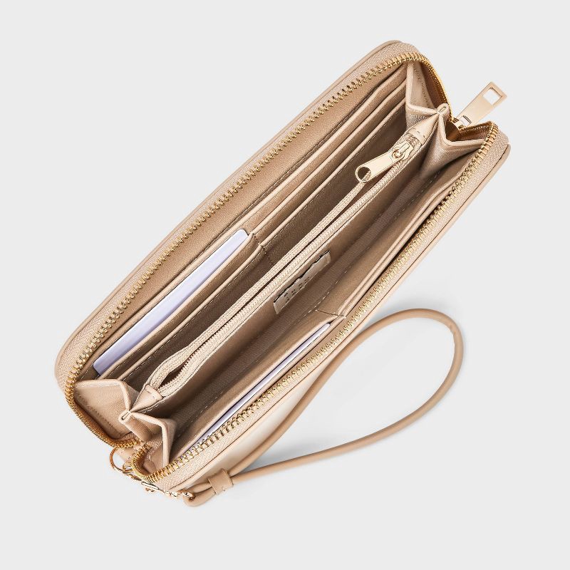slide 3 of 4, Large Around Zip Wallet - A New Day™ Tan: Shell, Solid Pattern, 6.25" Strap Length, 1 ct