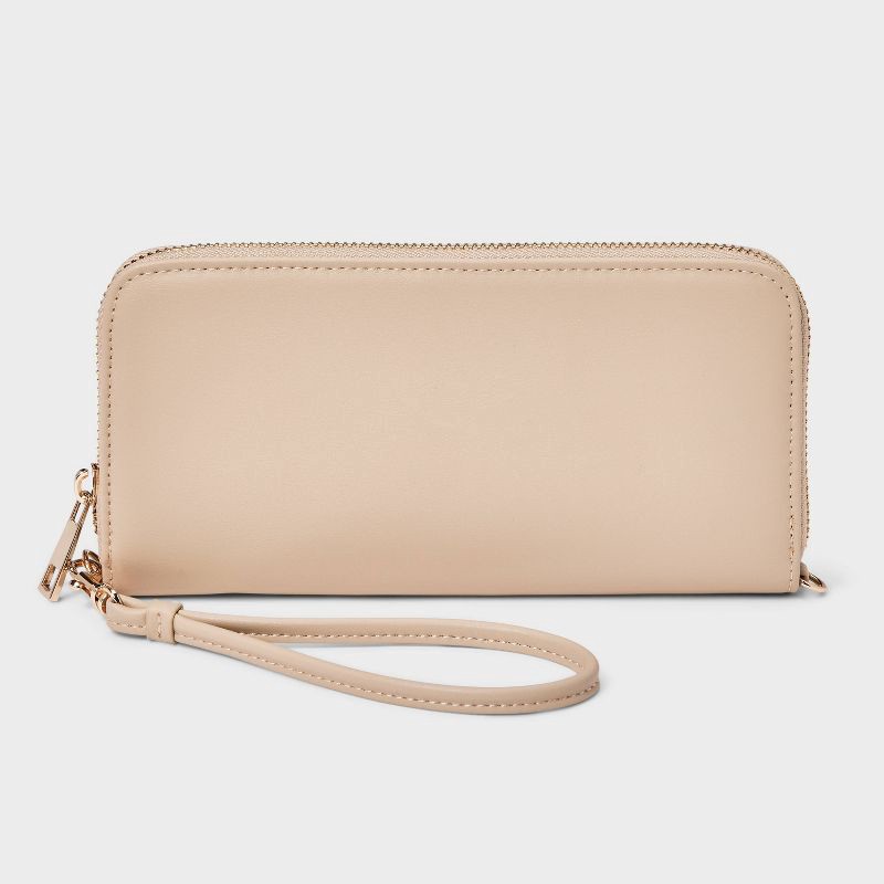 slide 1 of 4, Large Around Zip Wallet - A New Day™ Tan: Shell, Solid Pattern, 6.25" Strap Length, 1 ct