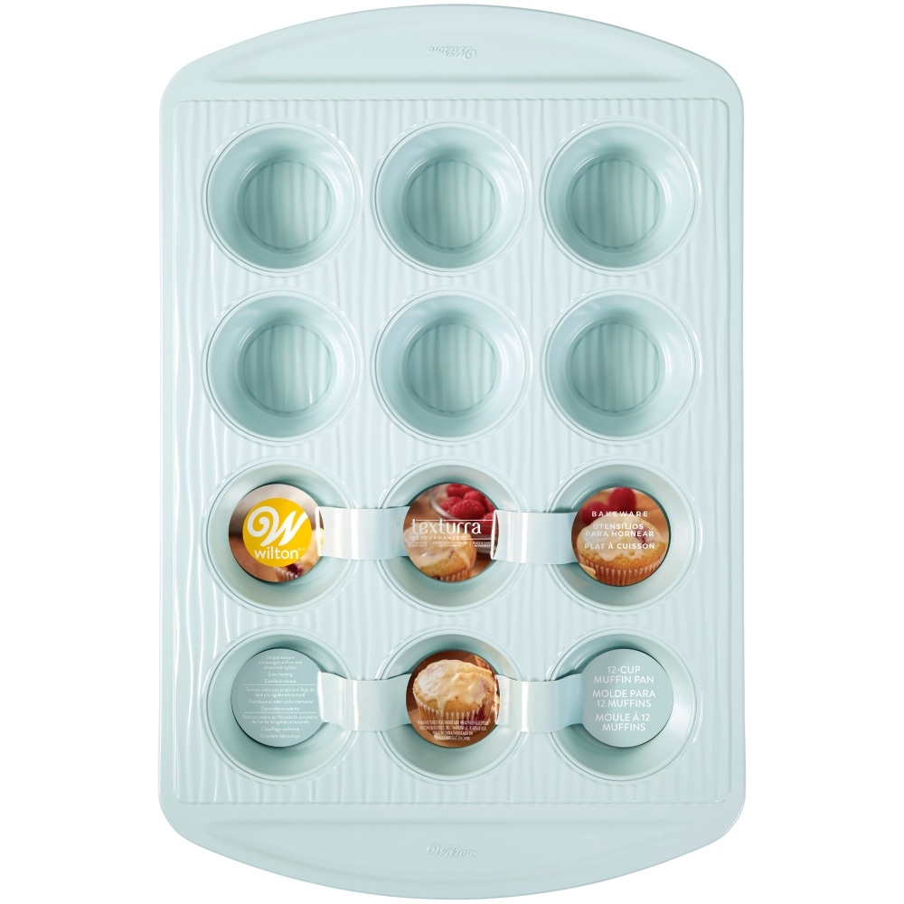 slide 1 of 1, Wilton Texturra Performance Nonstick 12-Cup Muffin Pan - Light Blue, 1 ct