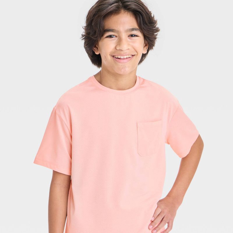 slide 3 of 3, Boys' Ventilated Pocket T-Shirt - All In Motion™ Heather Coral Pink S: Recycled Polyester, Spandex, Moisture Wicking, Quick Drying, 1 ct