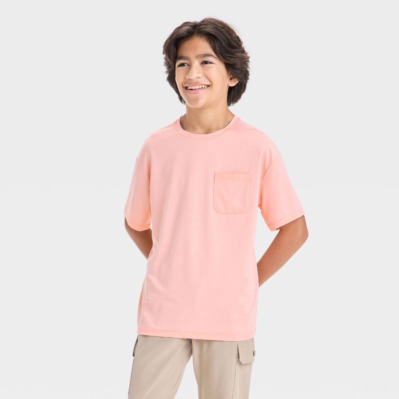 slide 1 of 3, Boys' Ventilated Pocket T-Shirt - All In Motion™ Heather Coral Pink S: Recycled Polyester, Spandex, Moisture Wicking, Quick Drying, 1 ct