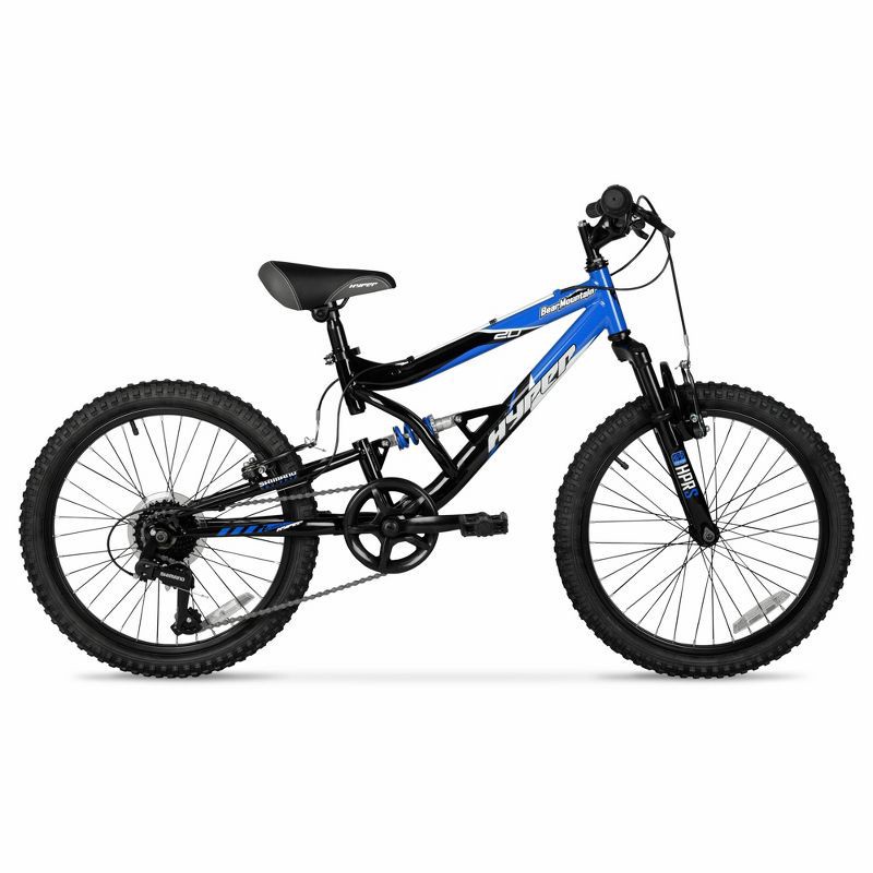 slide 2 of 16, Hyper 20" Full Suspension Bear Mountain Bike - Black/Blue: 7-Speed, Steel Frame, 1 ct