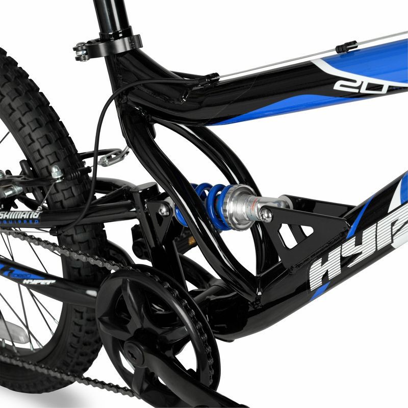 slide 14 of 16, Hyper 20" Full Suspension Bear Mountain Bike - Black/Blue: 7-Speed, Steel Frame, 1 ct