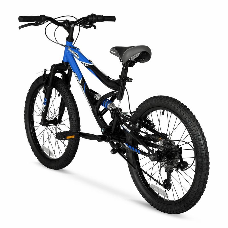 slide 4 of 16, Hyper 20" Full Suspension Bear Mountain Bike - Black/Blue: 7-Speed, Steel Frame, 1 ct
