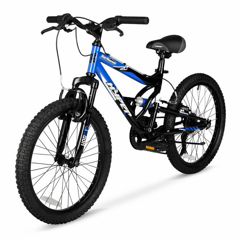 slide 6 of 16, Hyper 20" Full Suspension Bear Mountain Bike - Black/Blue: 7-Speed, Steel Frame, 1 ct