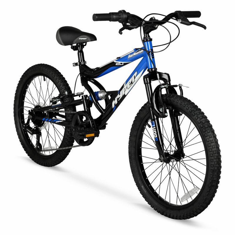 slide 1 of 16, Hyper 20" Full Suspension Bear Mountain Bike - Black/Blue: 7-Speed, Steel Frame, 1 ct