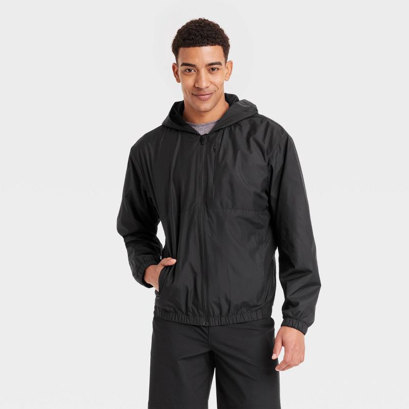 slide 1 of 3, Men's Windbreaker Jacket - All In Motion™ Black M: Lightweight, Water-Resistant, Packable,, 1 ct