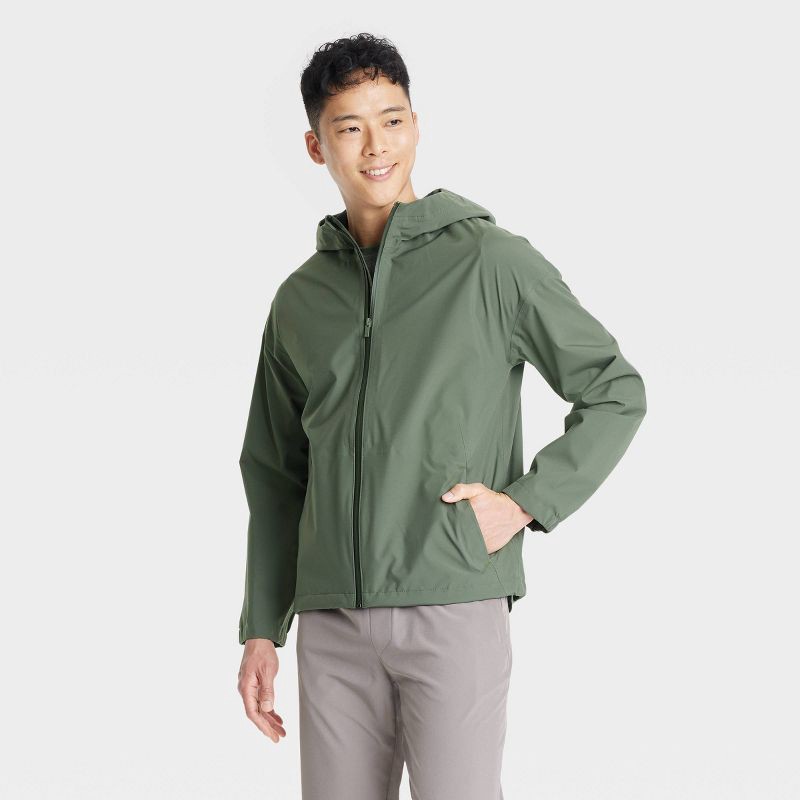 slide 1 of 3, Men's Waterproof Rain Coat - All In Motion™ Dark Olive Green XXL: Recycled Polyester, Lightweight, Adjustable Hood, 1 ct
