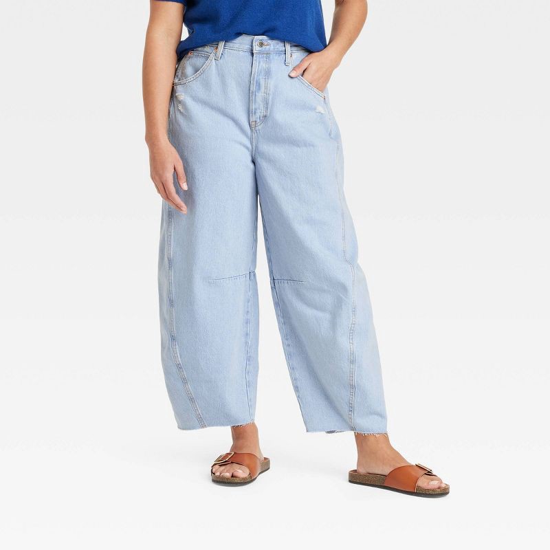 slide 2 of 6, Women's High-Rise Curved Leg Barrel Jeans - Universal Thread™ Light Blue 2: Heavyweight Denim, Loose Fit, 26" Inseam, 1 ct