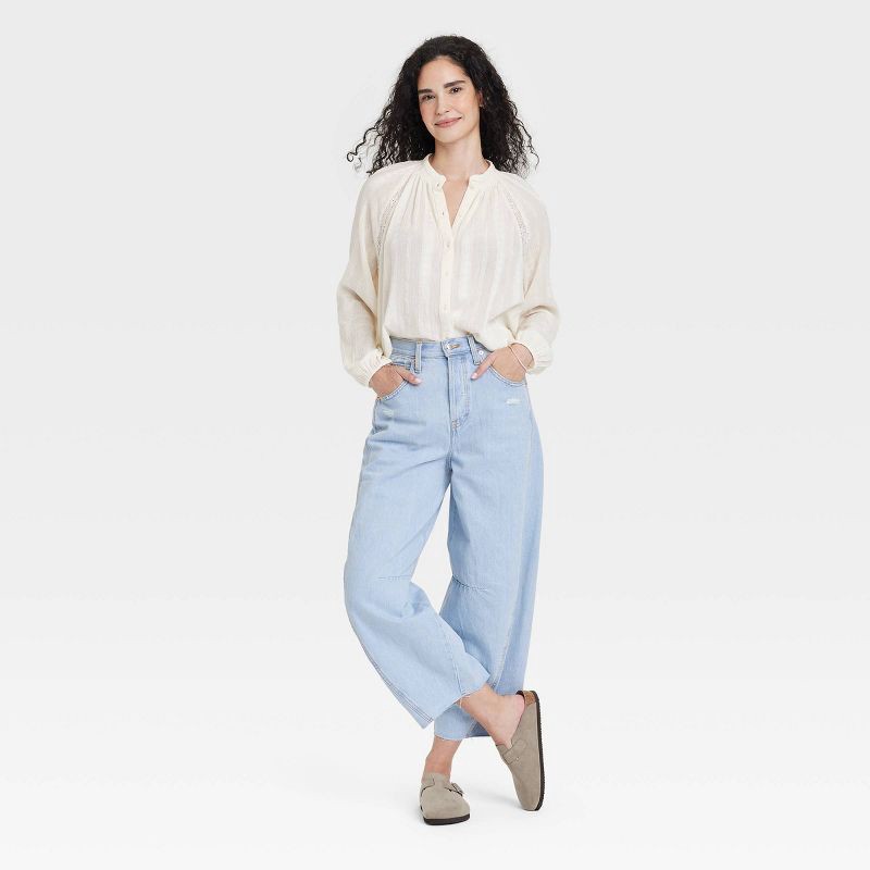 slide 4 of 6, Women's High-Rise Curved Leg Barrel Jeans - Universal Thread™ Light Blue 4: Heavyweight Denim, Loose Fit, 26" Inseam, 1 ct