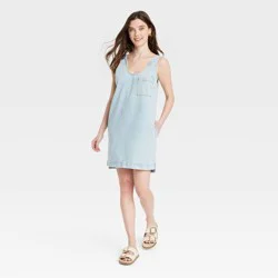 Women's Denim Tank Mini Dress - Universal Thread™ Light Wash L: Cotton Blend, Pullover, Scoopneck, Pockets, Sleeveless
