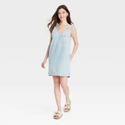 Women's Denim Tank Mini Dress - Universal Thread™ Light Wash L: Cotton Blend, Pullover, Scoopneck, Pockets, Sleeveless