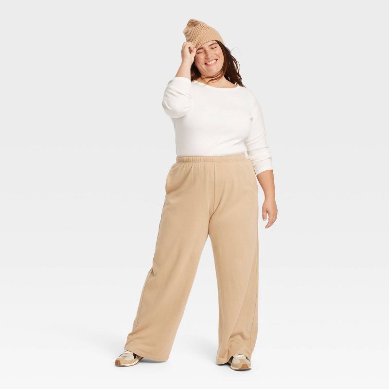 slide 3 of 3, Women's High-Rise Wide Leg Sweatpants - Universal Thread™ Tan XXL: French Terry, Side Pocket, Front Drawstring, 1 ct
