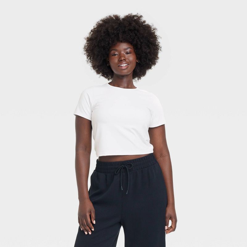 slide 4 of 5, Women's Everyday Soft Cropped Short Sleeve T-Shirt - All In Motion™ White S: Moisture Wicking, UPF 50+, 1 ct
