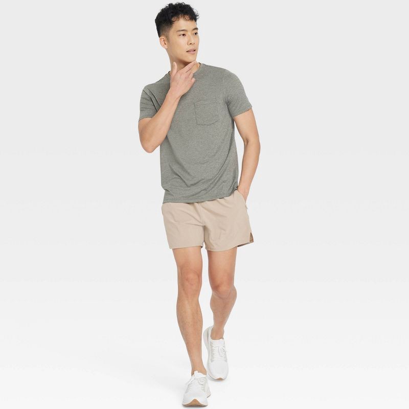 slide 3 of 3, Men's Active Light Unlined Run Shorts 5" - All In Motion™ Tan S: Moisture Wicking, Quick Dry, 4-Way Stretch, 1 ct