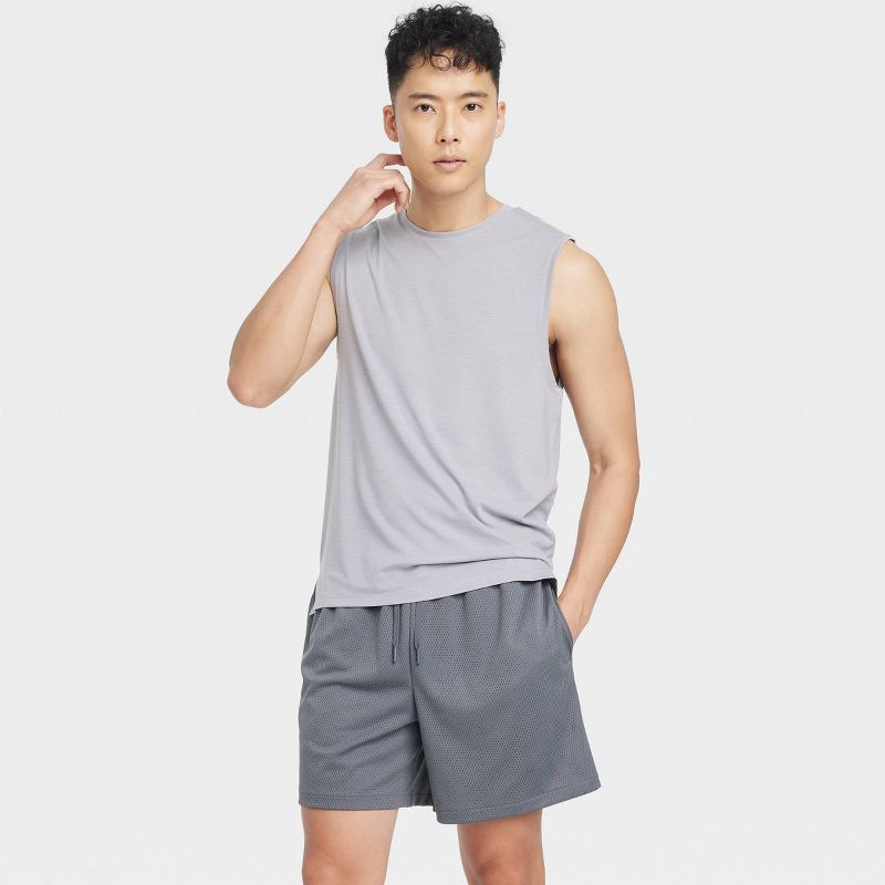 slide 3 of 3, Men's 6" Mesh Shorts - All In Motion™ Dark Gray XL: Moisture Wicking, Quick Dry, Recycled Polyester, Side Pocket, Drawstring Waist, 1 ct