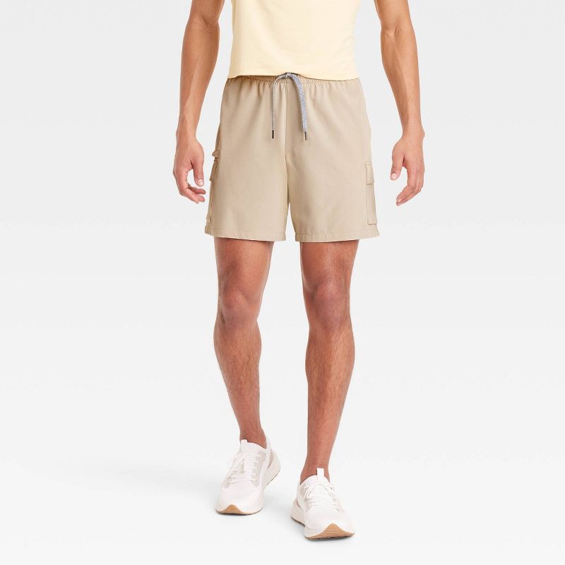 slide 1 of 3, Men's 7" Cargo Shorts - All In Motion™ Almond M: Recycled Polyester, Spandex, Moisture Wicking, Quick Dry, UPF 50+, 1 ct