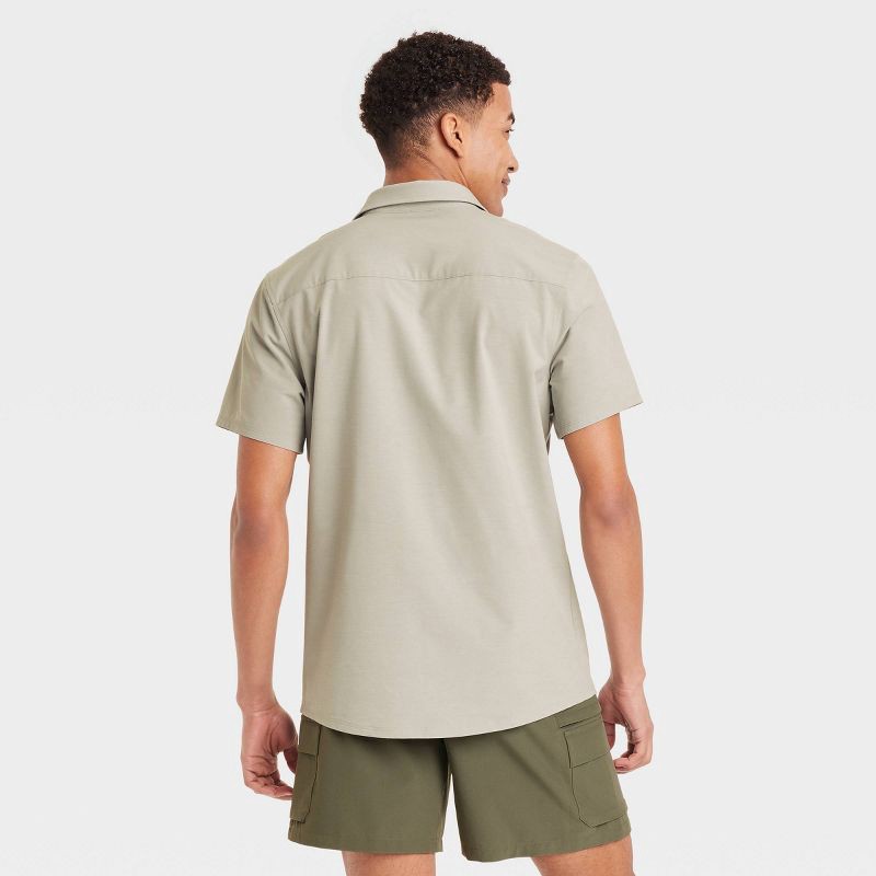 slide 2 of 3, Men's Short Sleeve Woven Shirt - All In Motion™ Olive Green M: Recycled Polyester Blend, Relaxed Fit, Quick Drying, Top, 1 ct
