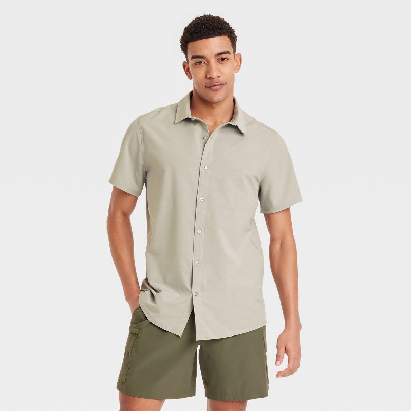 slide 1 of 3, Men's Short Sleeve Woven Shirt - All In Motion™ Olive Green L: Relaxed Fit, Quick Drying, Recycled Polyester Blend, Collared, 1 ct