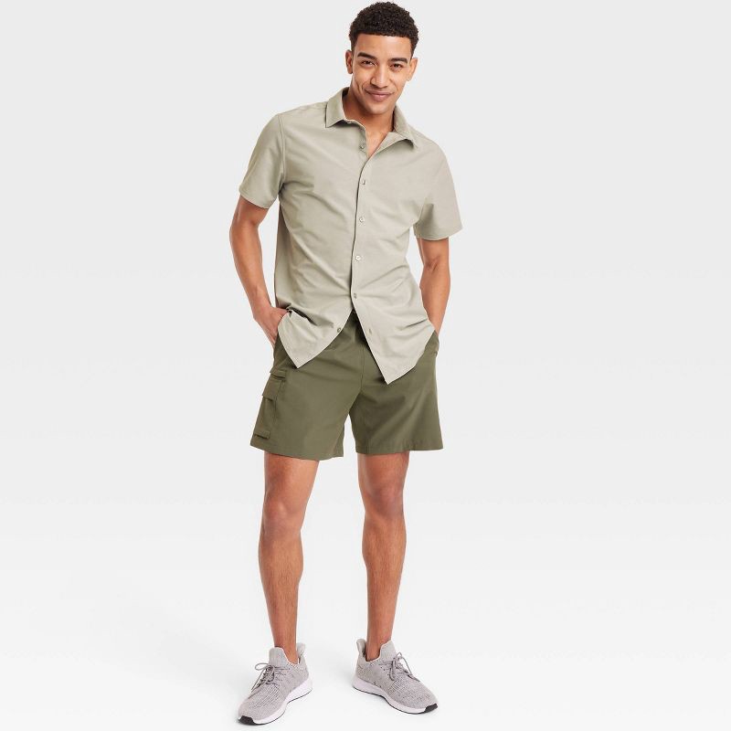 slide 3 of 3, Men's Short Sleeve Woven Shirt - All In Motion™ Olive Green XXL: Recycled Polyester, Cotton, Spandex, Quick Dry, 1 ct