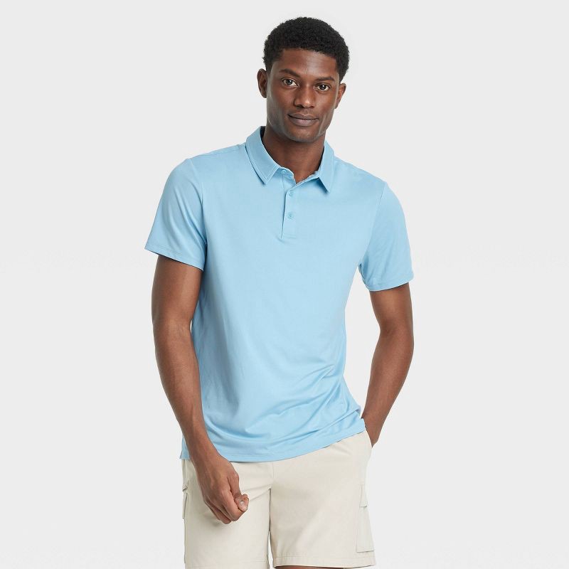slide 1 of 3, Men's Short Sleeve Jersey Polo Shirt - All In Motion™ Sky Blue L: Recycled Polyester, Top, 1 ct