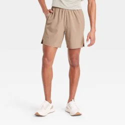Men's Active Light Unlined Run Shorts 7" - All In Motion™ Tan S: Adjustable Waistband, Zippered Pocket