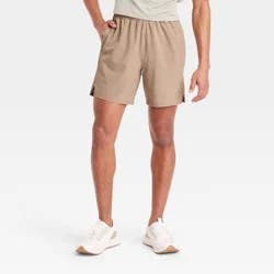 Men's Active Light Unlined Run Shorts 7" - All In Motion™ Tan S: Adjustable Waistband, Zippered Pocket