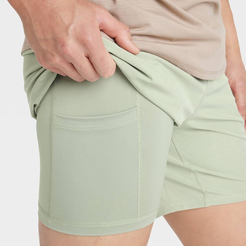 slide 3 of 3, Men's 7" Active Light Lined Run Shorts - All In Motion™ Olive Green S: Recycled Polyester, Spandex, Moisture Wicking, Quick Drying, 1 ct