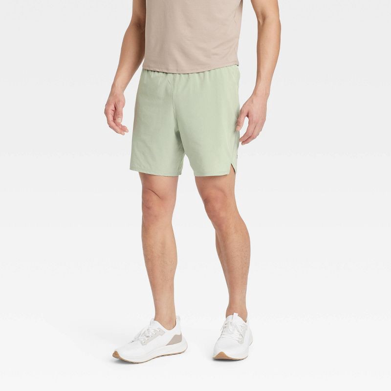 slide 1 of 3, Men's 7" Active Light Lined Run Shorts - All In Motion™ Olive Green S: Recycled Polyester, Spandex, Moisture Wicking, Quick Drying, 1 ct