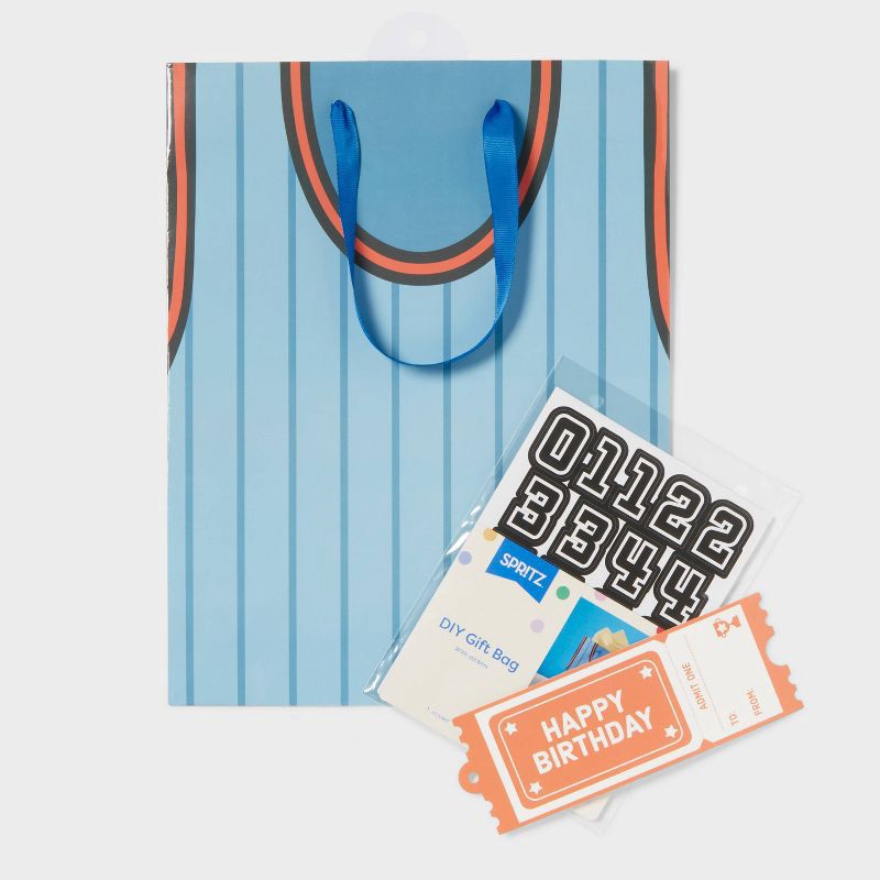 slide 3 of 3, Small Customizable Sports Jersey Birthday Gift Bag with Tag and Stickers Blue - Spritz™, 1 ct