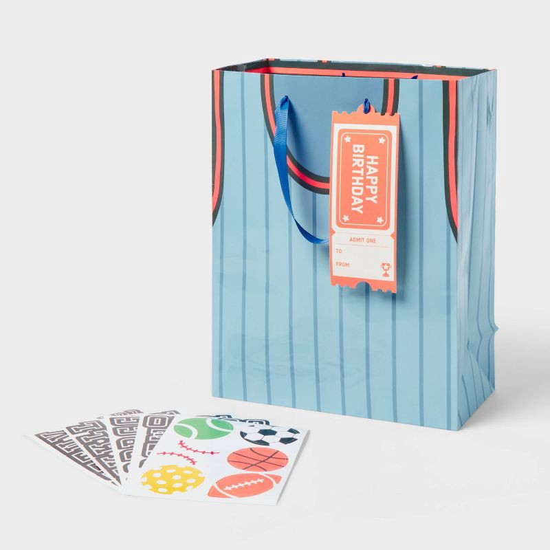 slide 1 of 3, Small Customizable Sports Jersey Birthday Gift Bag with Tag and Stickers Blue - Spritz™, 1 ct