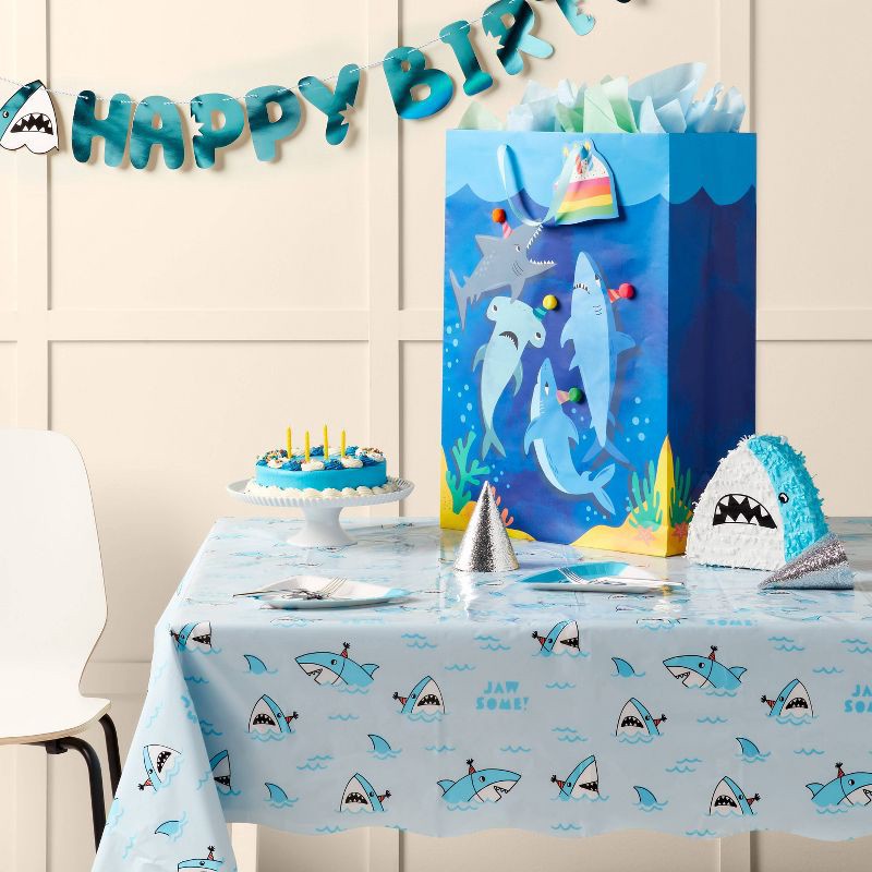 slide 2 of 3, XLarge Party Sharks Birthday Gift Bag with Tag Blue - Spritz™, 1 ct