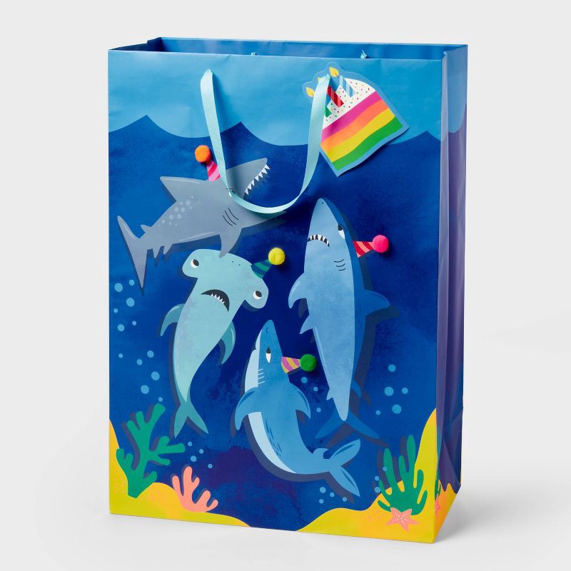 slide 1 of 3, XLarge Party Sharks Birthday Gift Bag with Tag Blue - Spritz™, 1 ct