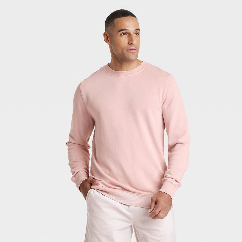 slide 1 of 3, Men's French Terry Crew Neck Pullover Sweatshirt - Goodfellow & Co™ Ash Pink L: Heavyweight Cotton, Relaxed Fit, Ribbed Cuffs, 1 ct