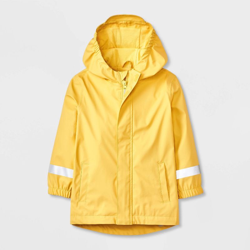slide 1 of 4, Baby Solid Rain Coat - Cat & Jack™ Yellow 18M: Water-Resistant, Hooded, Reflective Details, Elastic Cuffs, 1 ct