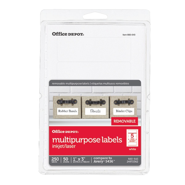 slide 1 of 2, Office Depot Brand Removable Inkjet/Laser Labels, Od98799, 1'' X 3'', White, Pack Of 250, 250 ct