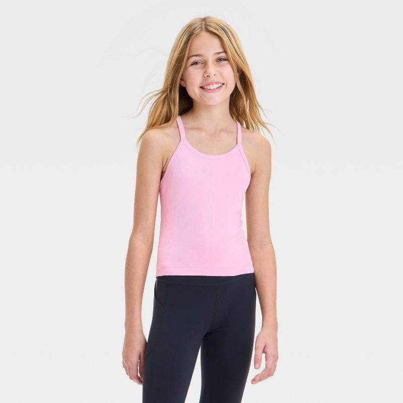 slide 1 of 3, Girls' Seamless Crop Tank Top - All In Motion™ Pink XL: Fit, Midweight Knit, Pullover, Sleeveless Design, 1 ct