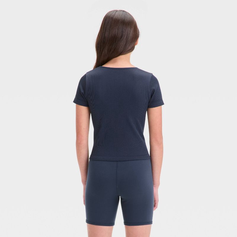 slide 2 of 3, Girls' Seamless Crop T-Shirt - All In Motion™ Navy Blue XS: Knit Pullover, Midweight, Short Sleeve, 1 ct