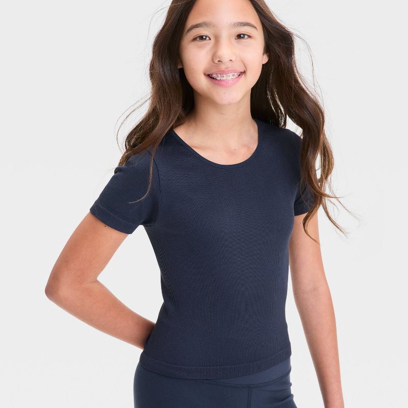 slide 3 of 3, Girls' Seamless Crop T-Shirt - All In Motion™ Navy Blue XS: Knit Pullover, Midweight, Short Sleeve, 1 ct