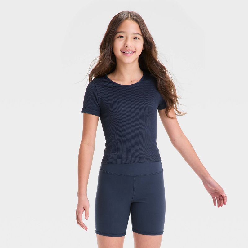 slide 1 of 3, Girls' Seamless Crop T-Shirt - All In Motion™ Navy Blue XS: Knit Pullover, Midweight, Short Sleeve, 1 ct