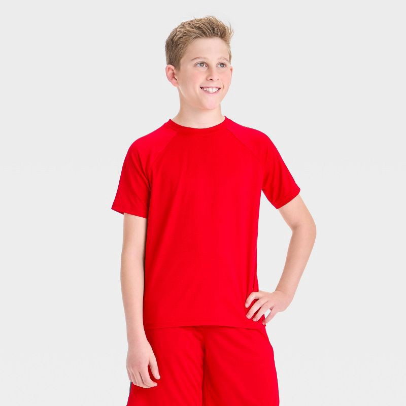 slide 1 of 3, Boys' Raglan Active T-Shirt - All In Motion™ Red S: Lightweight Mesh, Fit, Short Sleeve, Below Waist Length, 1 ct