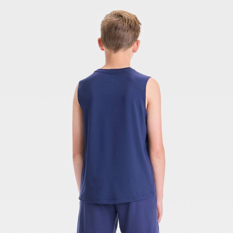 slide 2 of 3, Boys' Raglan Active Tank Top - All In Motion™ Navy Blue XL: Recycled Polyester, Spandex, Lightweight, Pullover, Below Hip, 1 ct